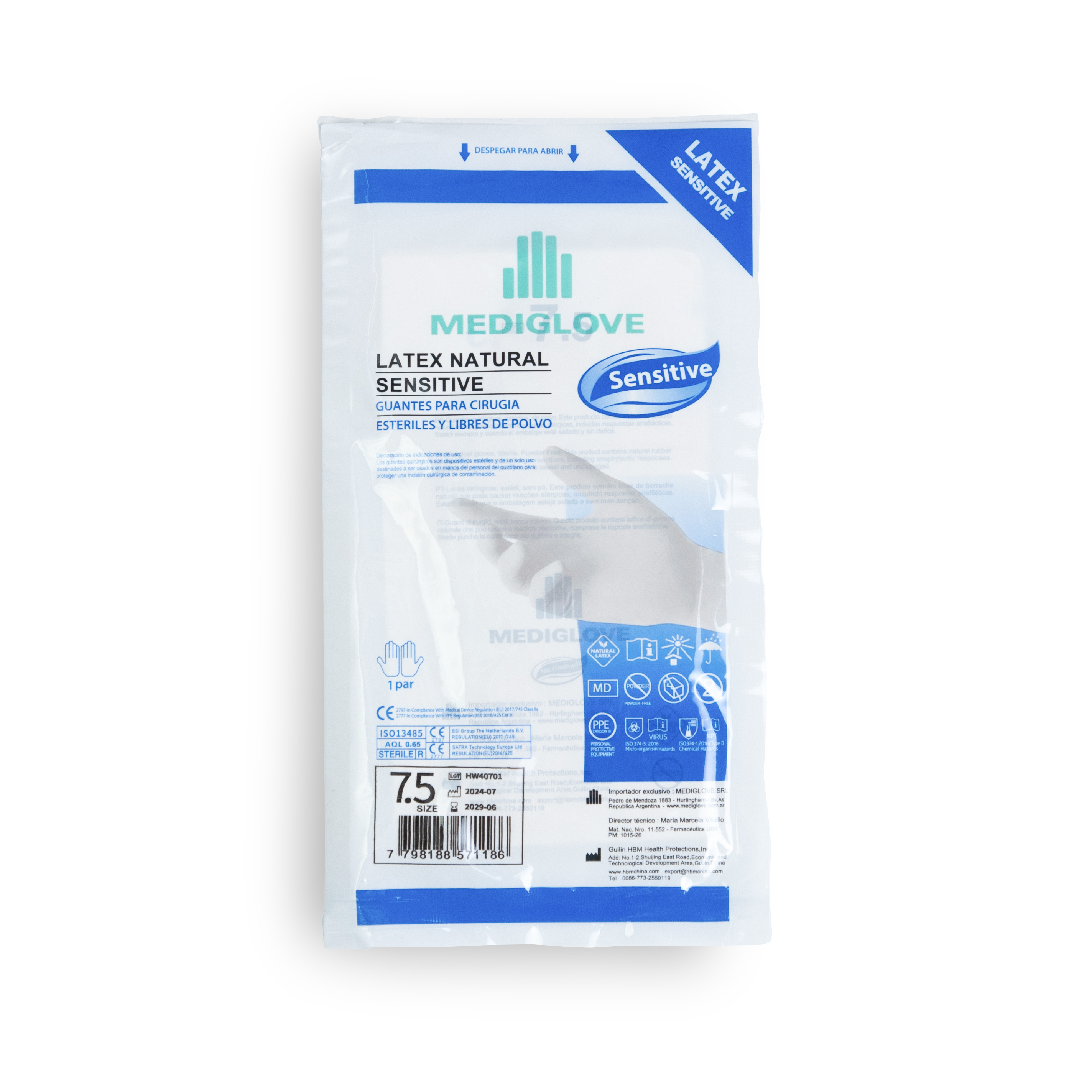 Guantes para cirugías sin polvo LATEX SENSITIVE- PAR 